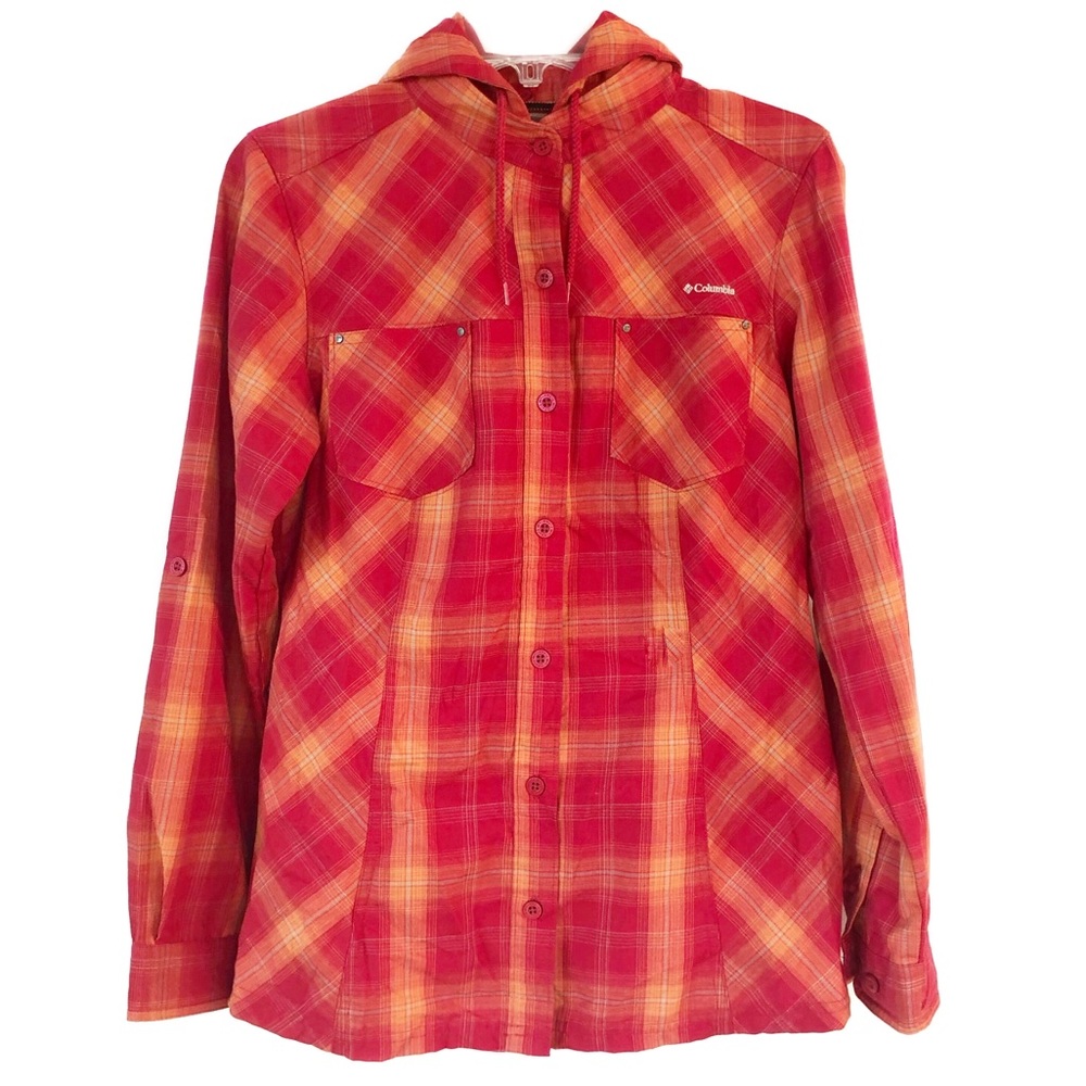 Columbia Titanium Flannel Button Down Long Sleeve Hoodie Shacket Overshirt EUC M